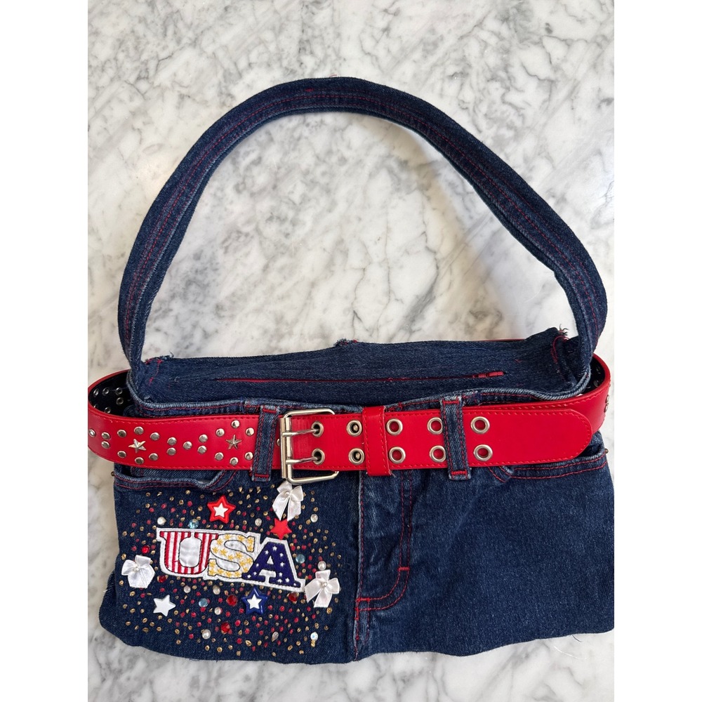 Mudd Vintage Y2K Denim Shoulder Bag Red Studded Belt USA Pride Americana Blue